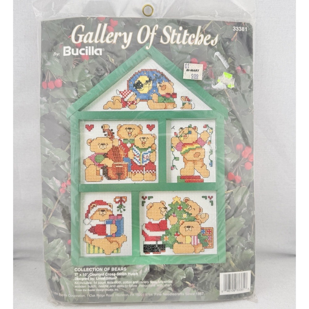 Vintage Bucilla Counted Cross Stitch Wood Hutch Christmas‎ Bears House Kit 33381